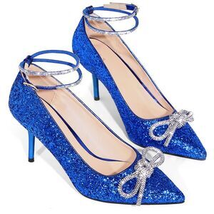 Rhinestone Bow Glitter Pointed Toe Stiletto Heel Pumps Royal Blue